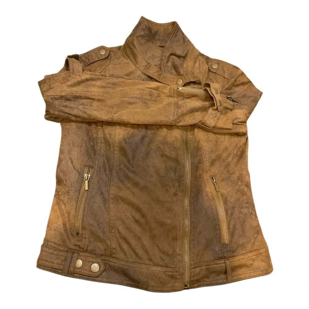 BNCI Blanc Noir Women’s Brown Moto Zipper Biker Vegan Suede Jacket Size Small - Picture 11 of 15